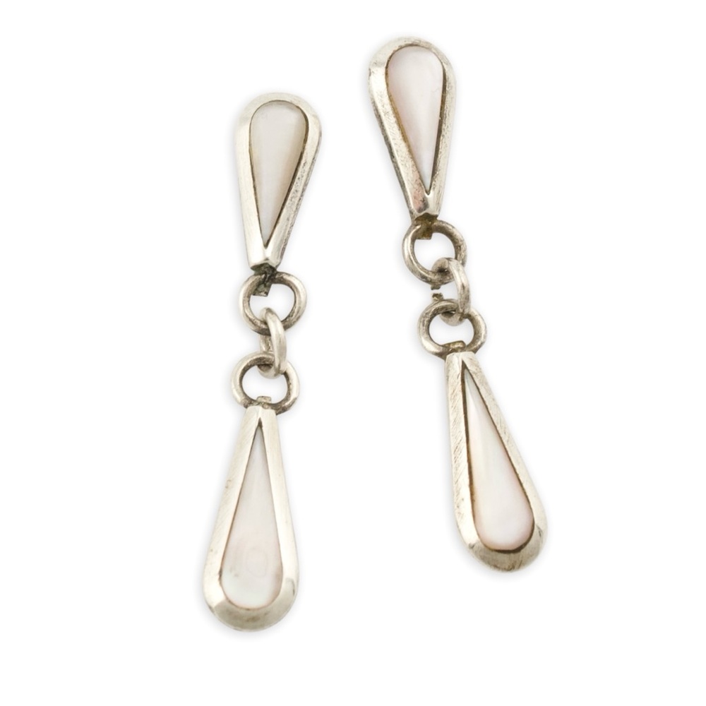 Vintage Mother of Pearl Inlay Sterling Silver Dangle Earrings Double Teardrop